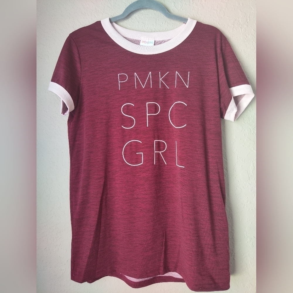 LuLaRoe Liv Graphic Tee PUMPKIN SPICE GIRL on Cranberry Red Size M
